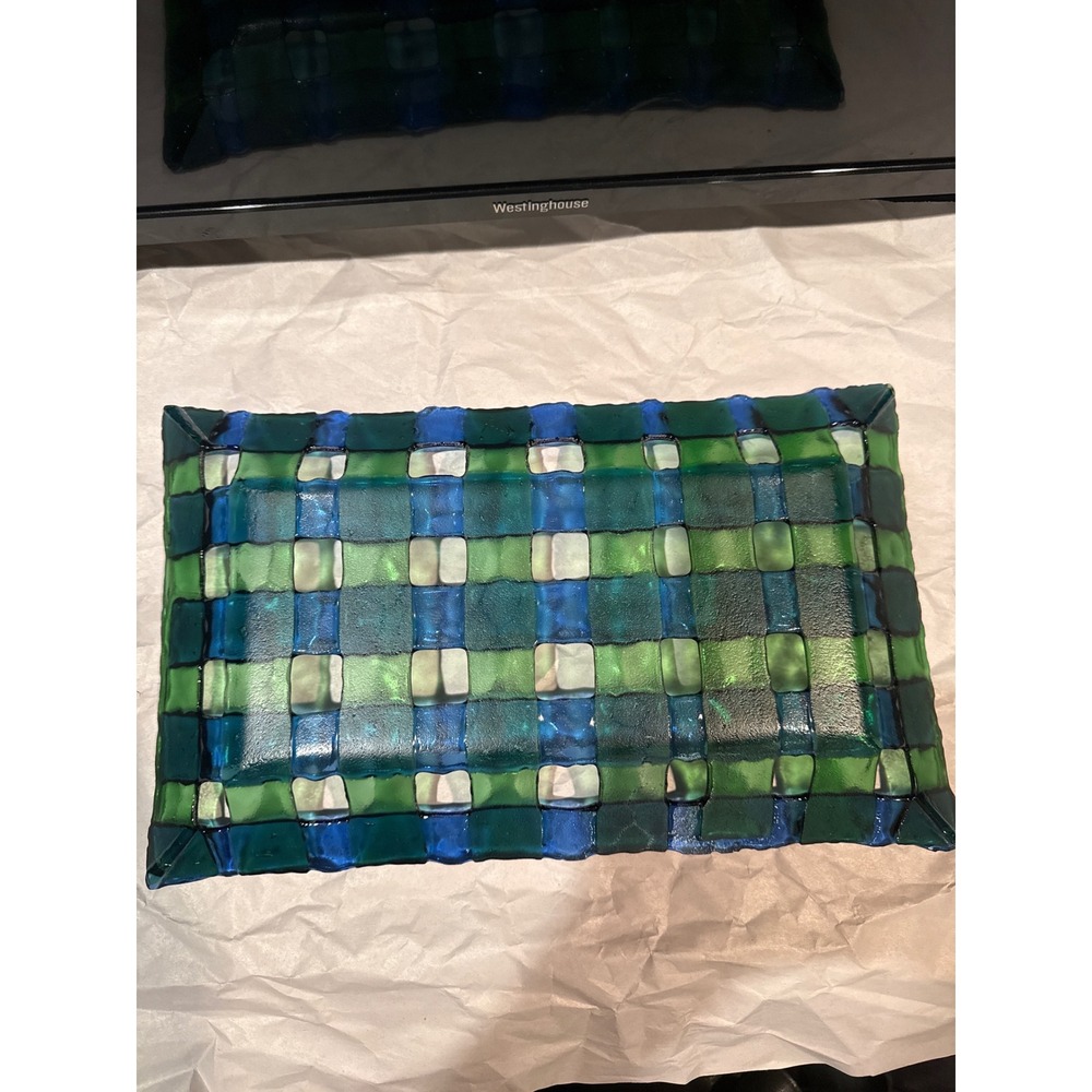 Handmade Fused‎ Glass Woven Lattice Platter Green Blue Plaid Decorative Tray 14" - Picture 4 of 6